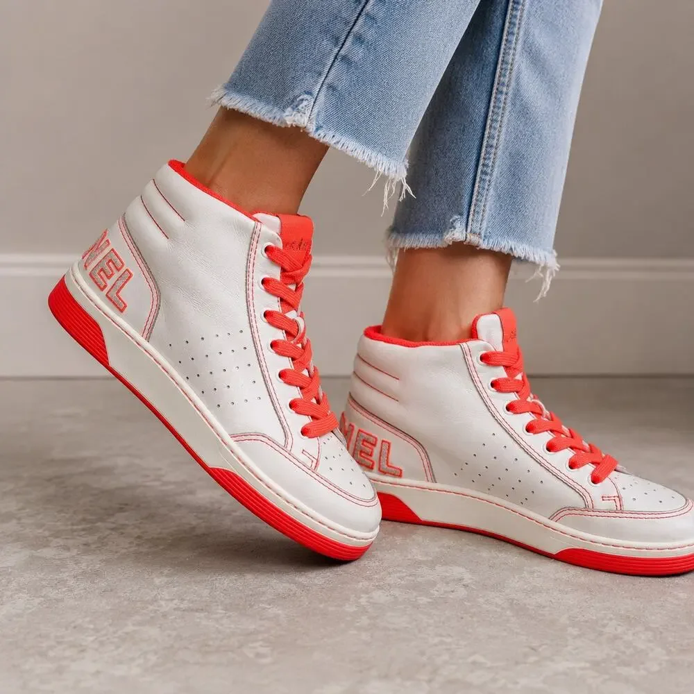 Chanel White Neon Coral Leather High Top Sneakers Sz 42